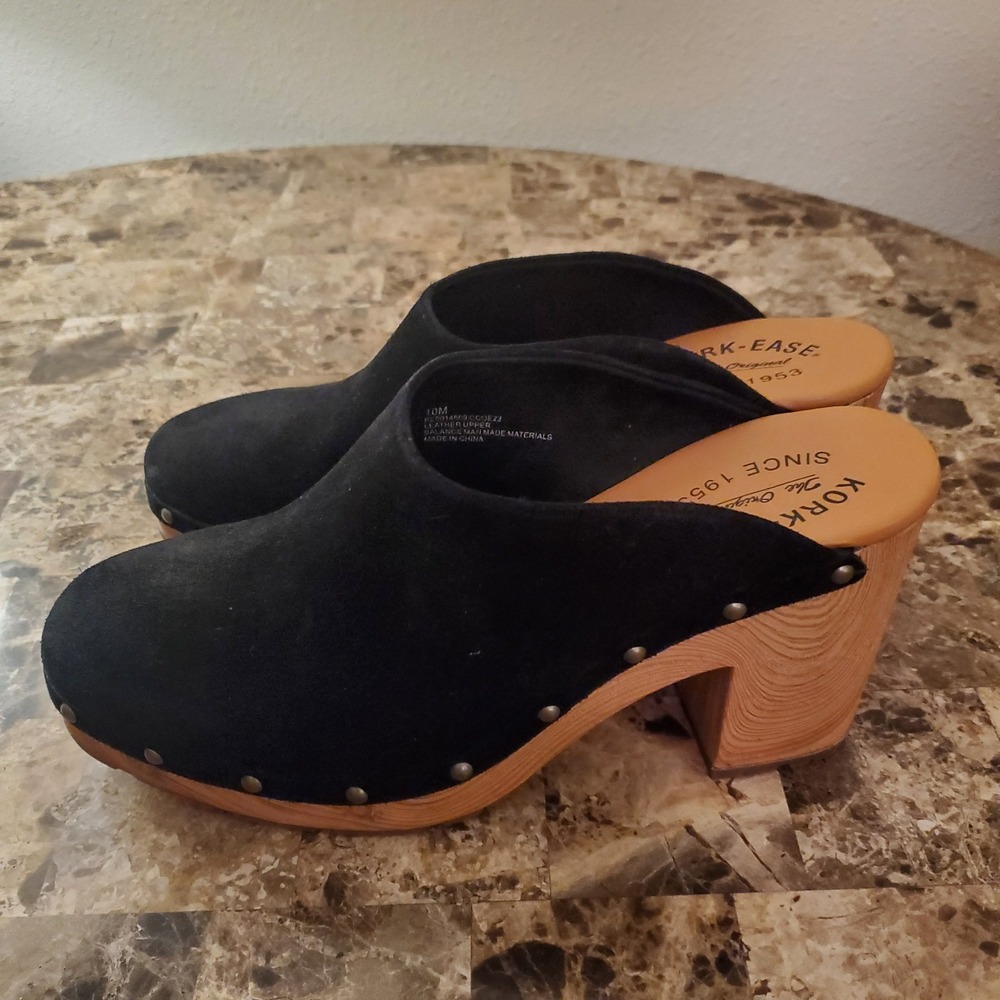 Kork Ease sz 10M black Suede Leather Clogs Studded faux Wood chunky heels retro - Picture 4 of 14